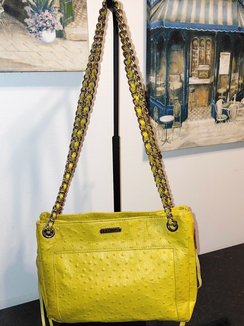 Rebecca Minkoff Y2K Yellow Ostrich Embossed Leather  Shoulder Bag W Gold Chain!